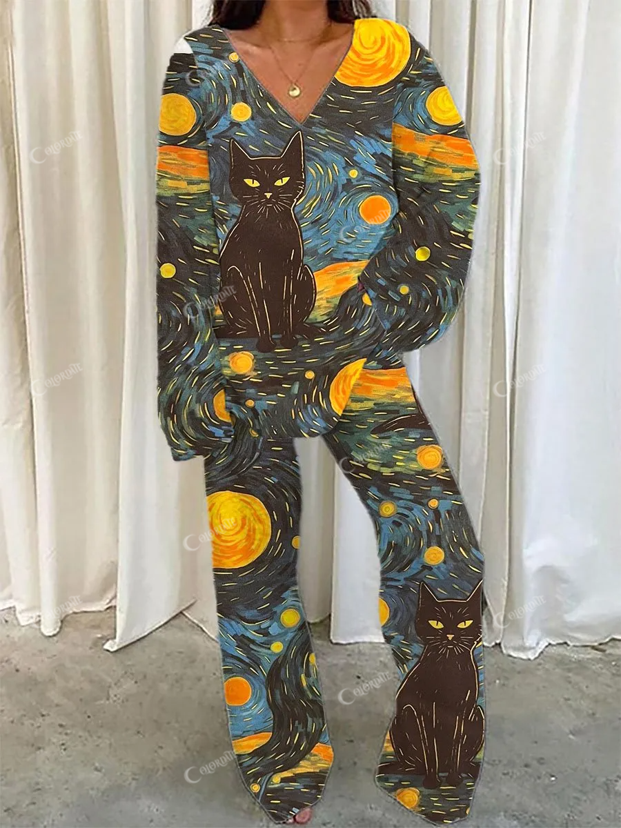 Women's Van Gogh Starry Elegant Black Cat Polar Fleece Pajama Set