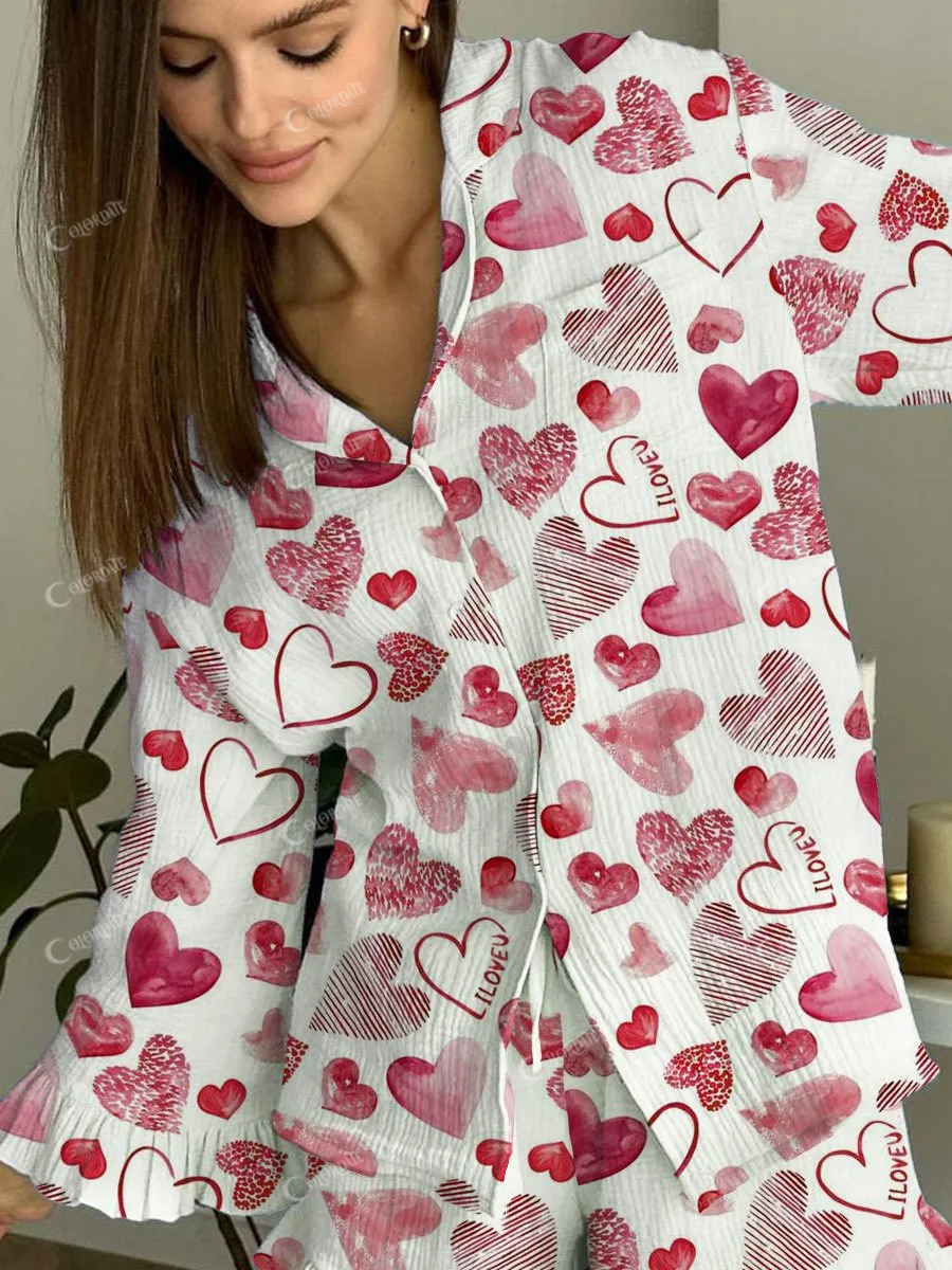 Women's Valentine's Day Heart Pattern Ruffled Long Sleeve Pants Set