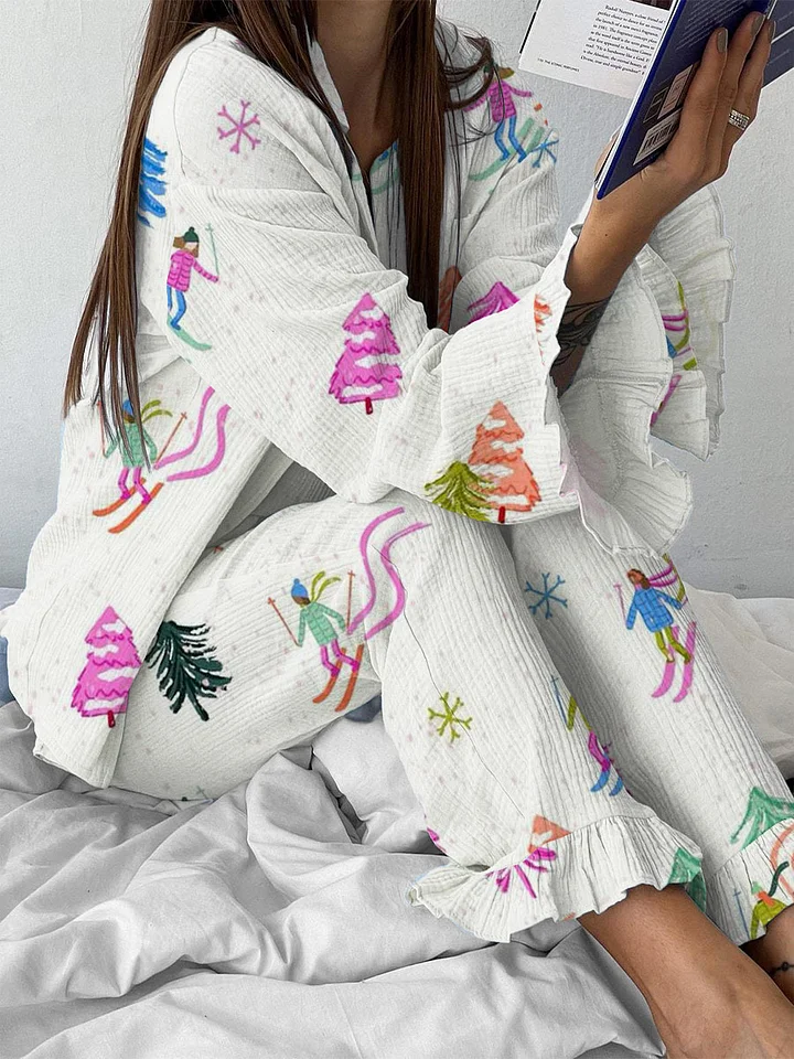 Women's Art Painting Snow Ski Pattern Ruffled Long Sleeve Pants Set