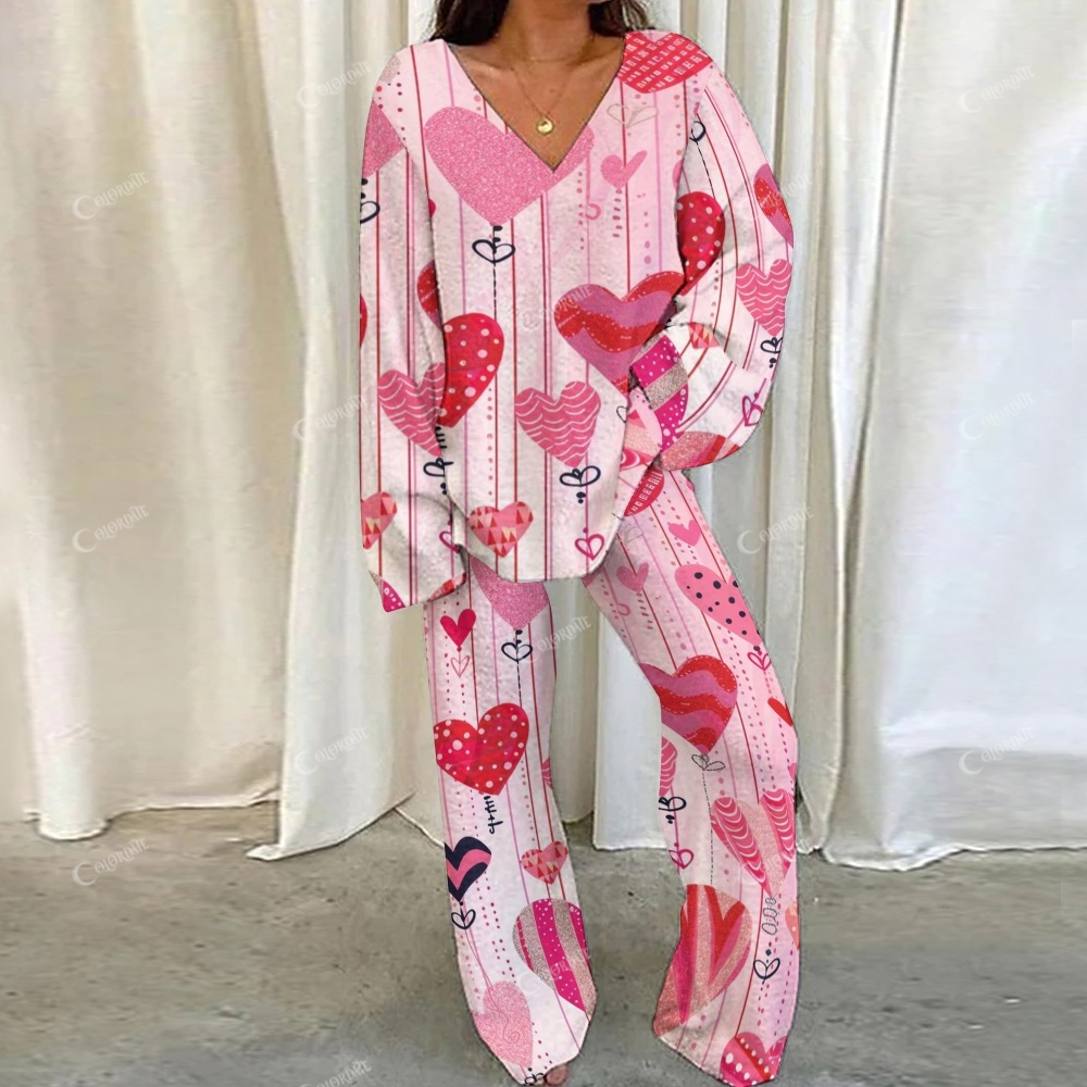 Valentine's Day Pink Heart Loungewear Set For Women