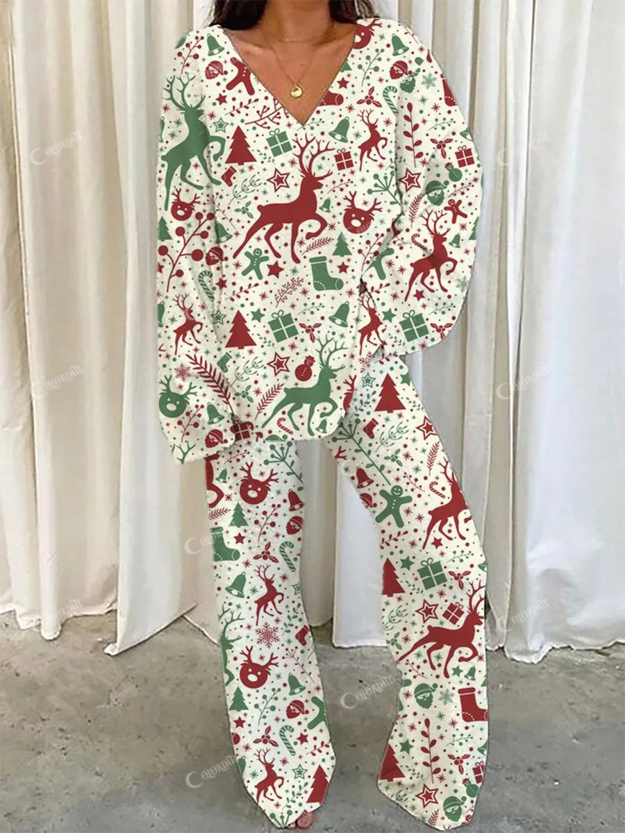 Women's Christmas Elk Pattern V-Neck Long Sleeve Pants Set