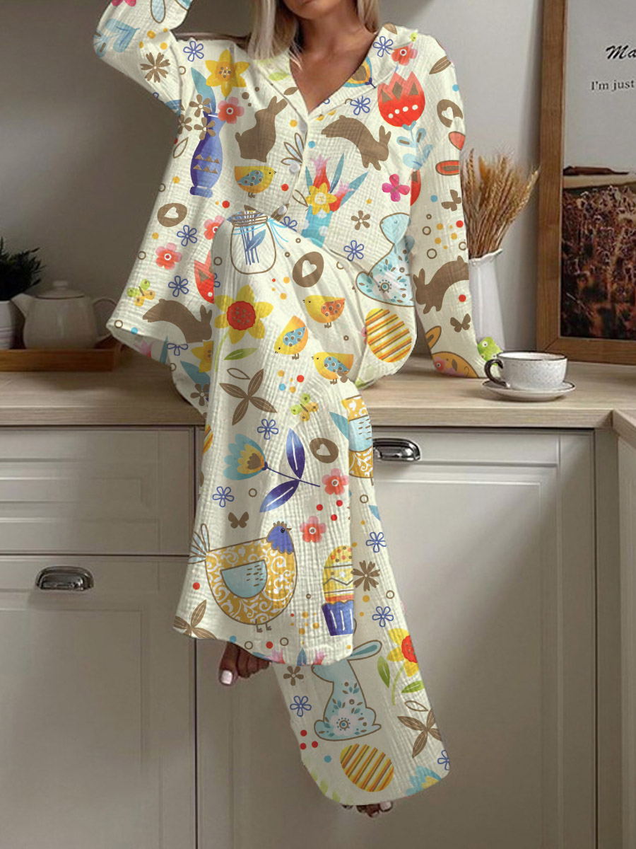 Women's Easter Bunny Rooster Print Loose Loungewear Set