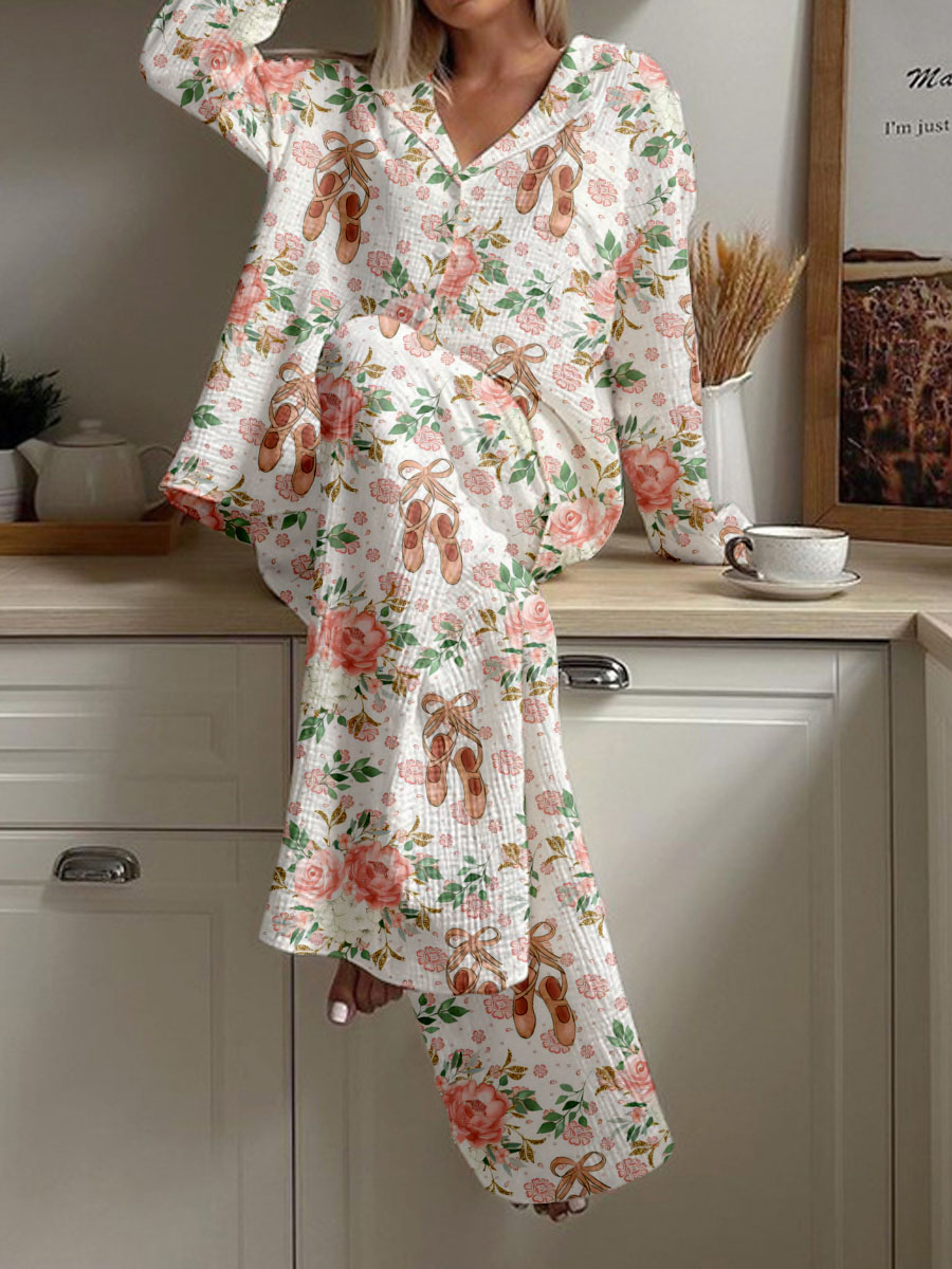 Women's Floral Ballet Shoes Print Loose Homewear Set