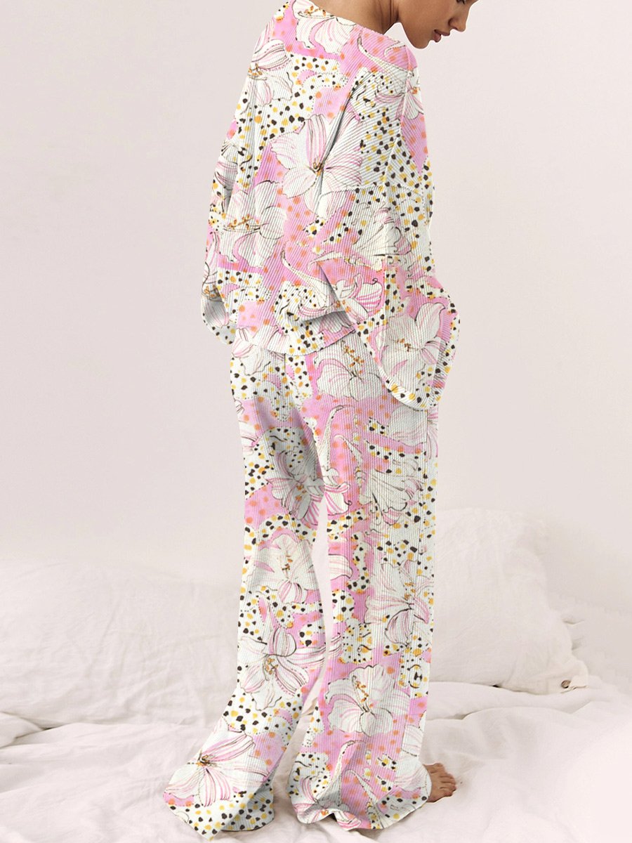 Women's Pink Leopard Print Long Sleeve Lounge Set