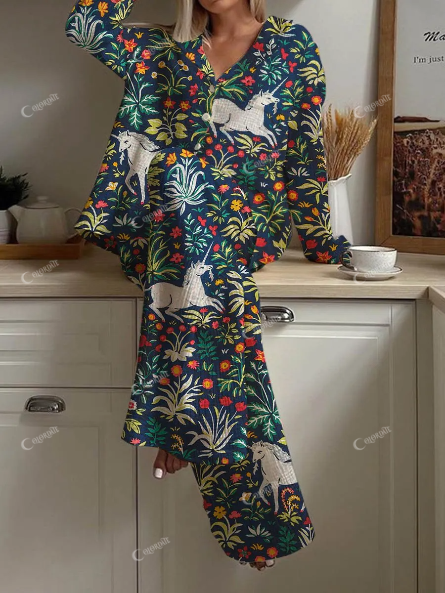 Women's Christmas Cute Animal Art Floral Painting Print Home Long Sleeve Suit