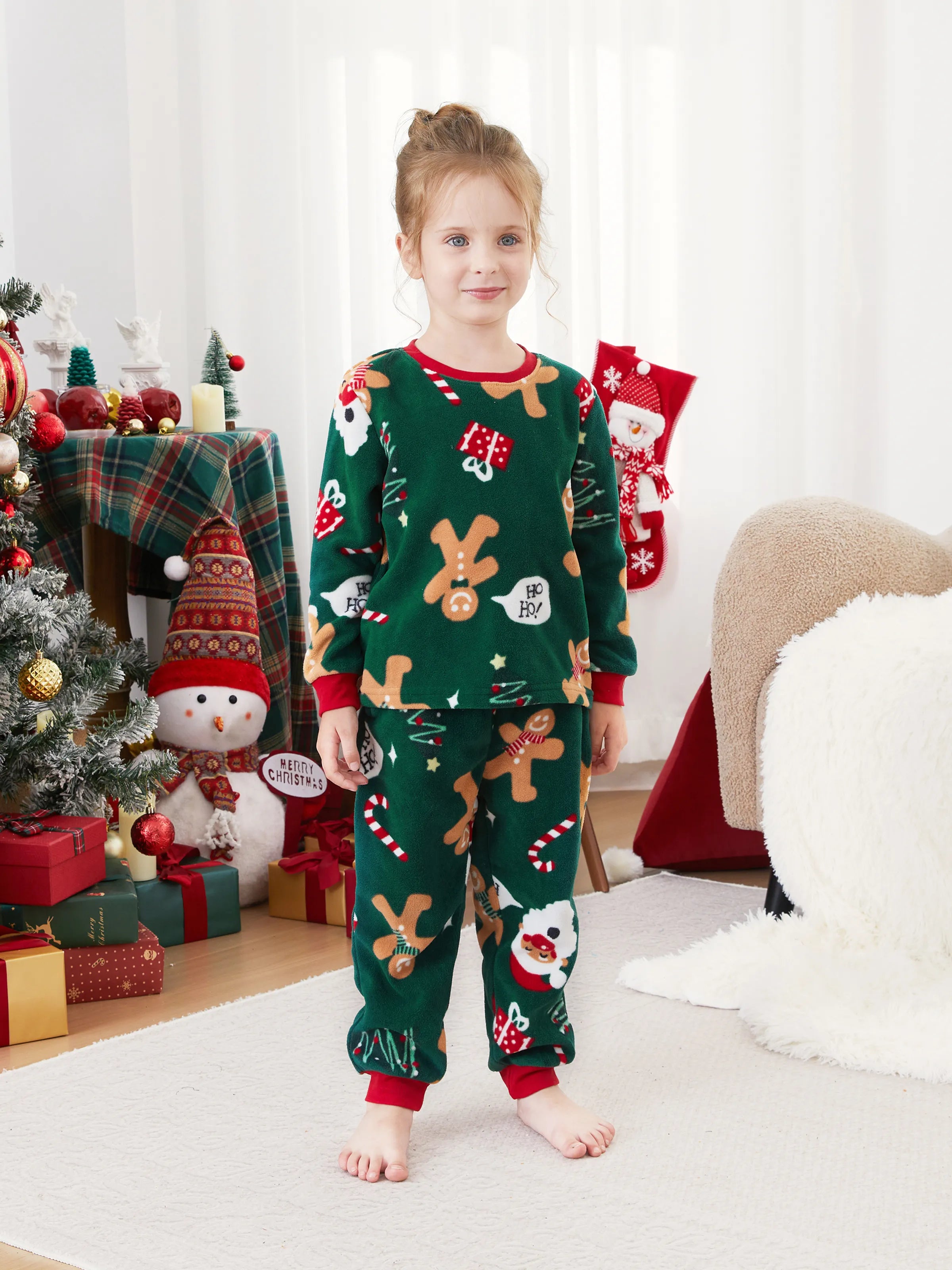 Christmas Pajamas Family Matching Fleece Gingerbread Man Long Sleeves Pajamas Sets