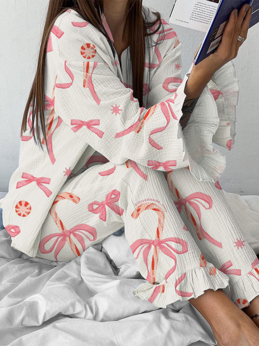 Women's Christmas Cute Candy Cane Pattern Ruffled Long Sleeve Pants Set