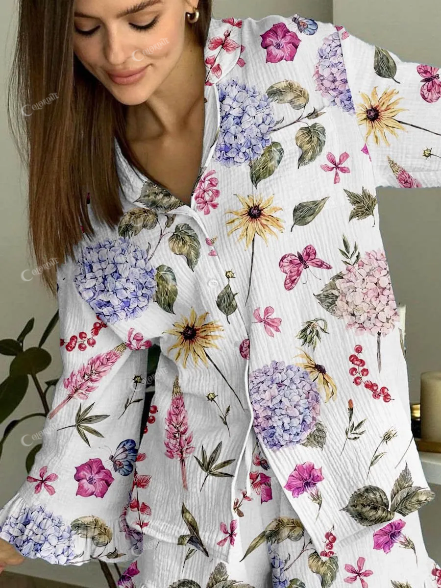 Women's Hydrangea Floral Print Cardigan Ruffled Home Set