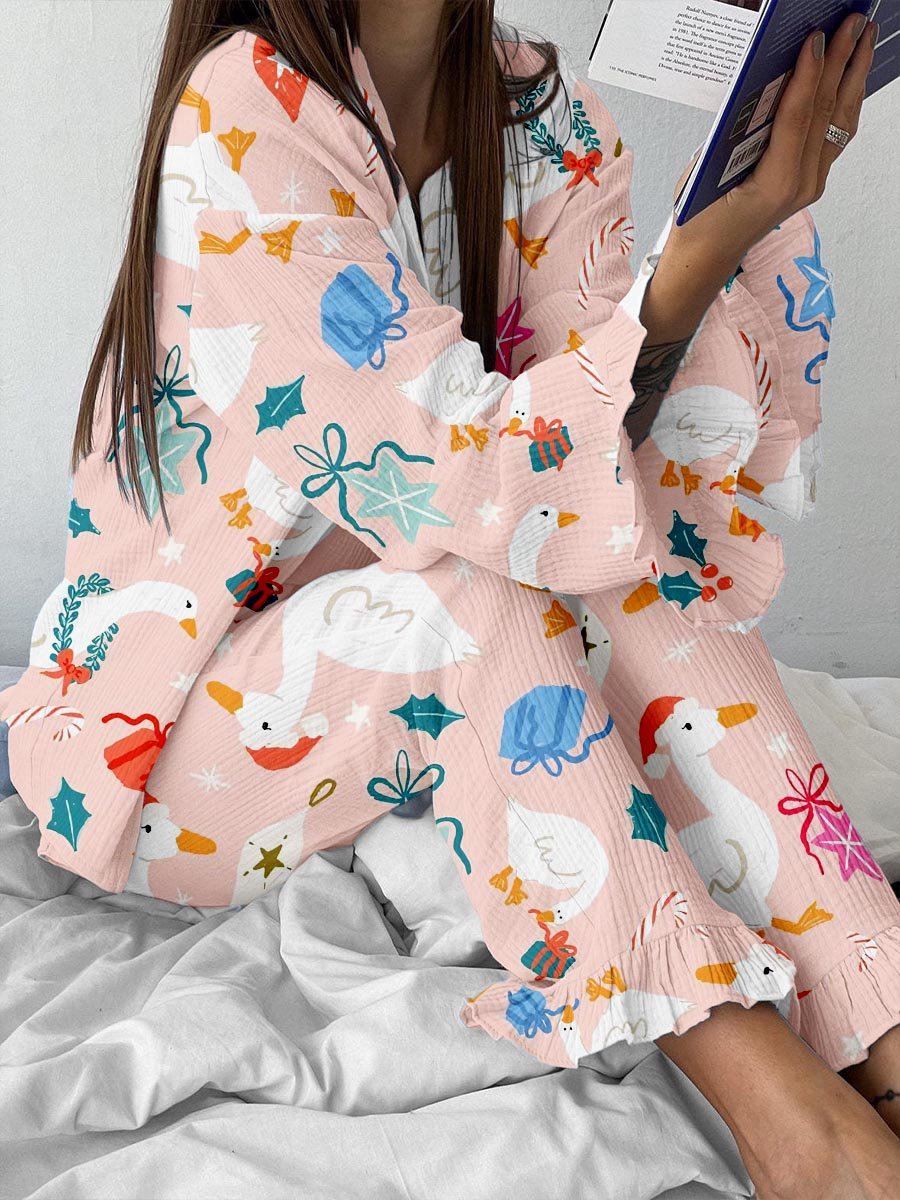 Women's Fun Christmas Goose Print Linen Cotton Suit