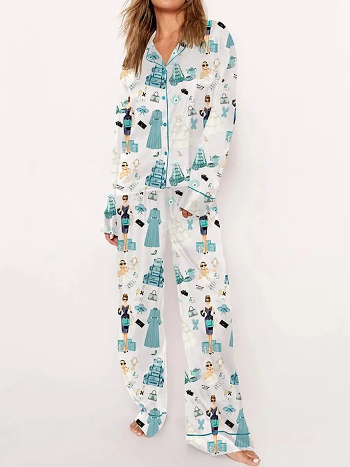 Women's Lapel Print Long Sleeve Pajama Set