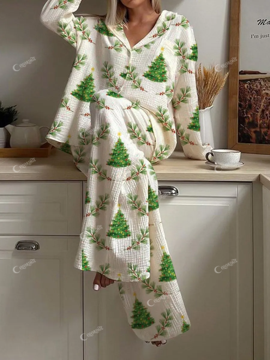 Women's Christmas Tree Pattern Long Sleeve Pants Set