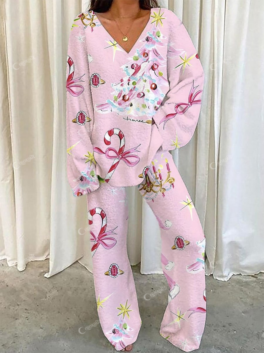 Women's Pink Christmas Print V-Neck Long Sleeve Cotton Suit