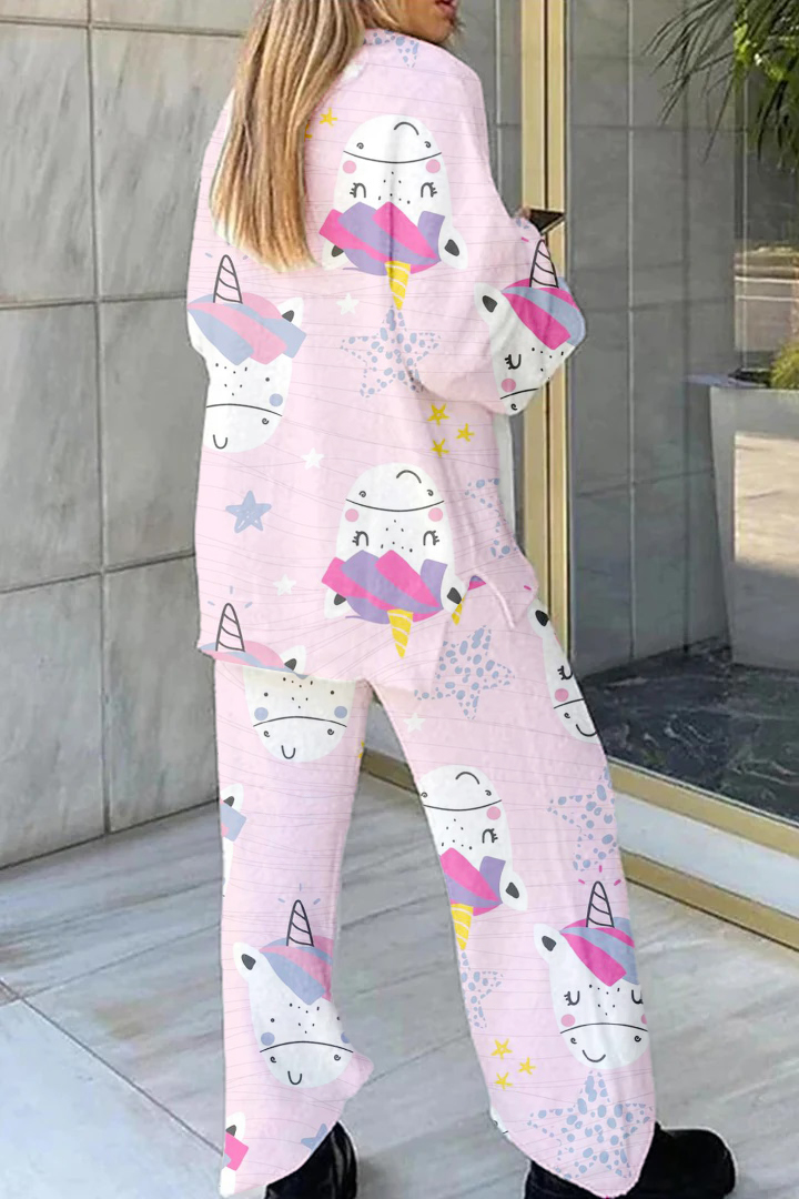 Women's Cartoon Unicorn Print Home V Neck Long Sleeve Suit