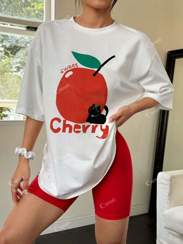 Cherry Sweet Cat Cartoon Cotton Casual T-Shirt