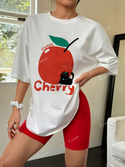 Cherry Sweet Cat Cartoon Cotton Casual T-Shirt