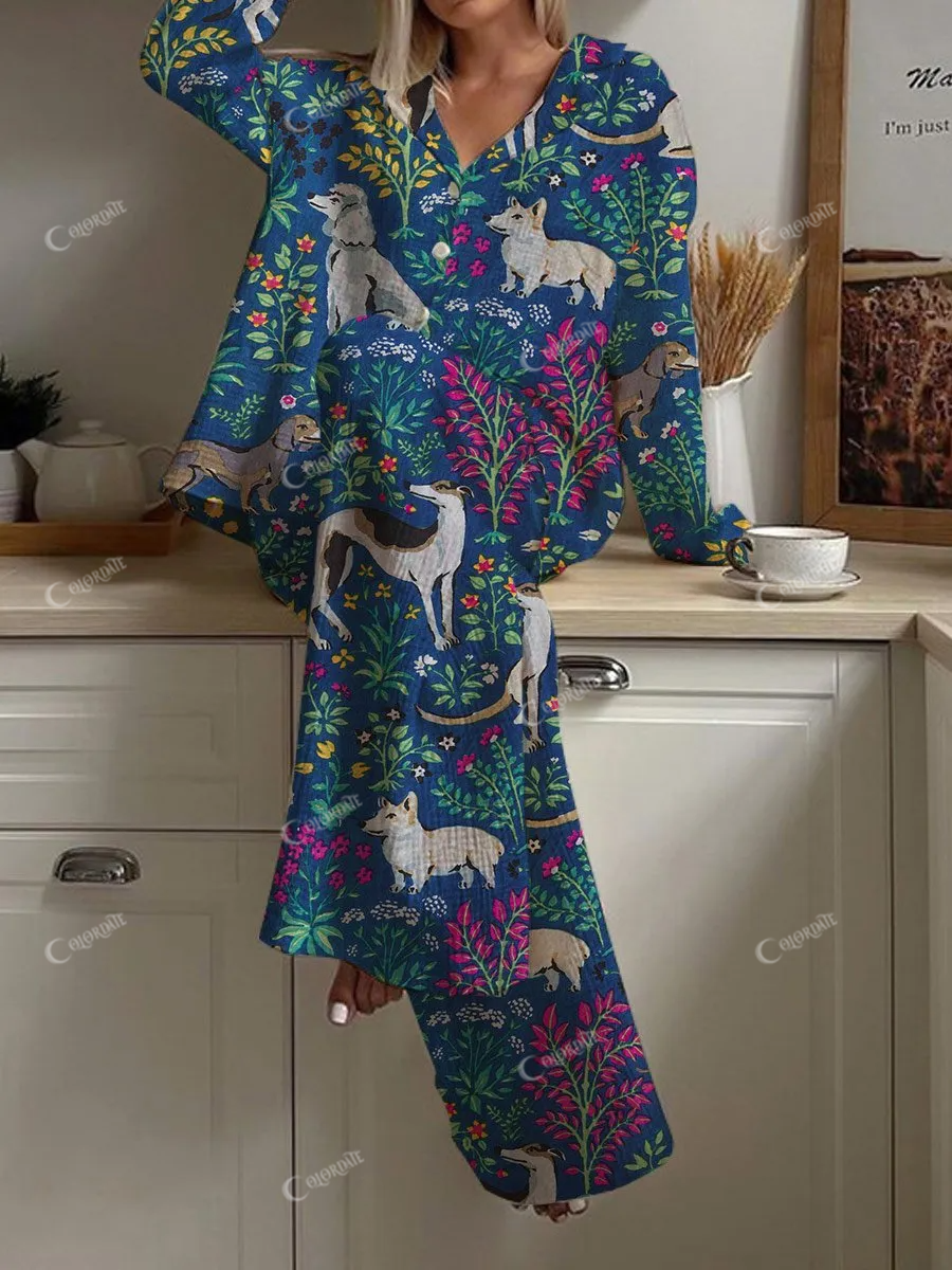 Women's Artistic Hand-Painted Puppy and Plant Pattern Long Sleeve Pants Set