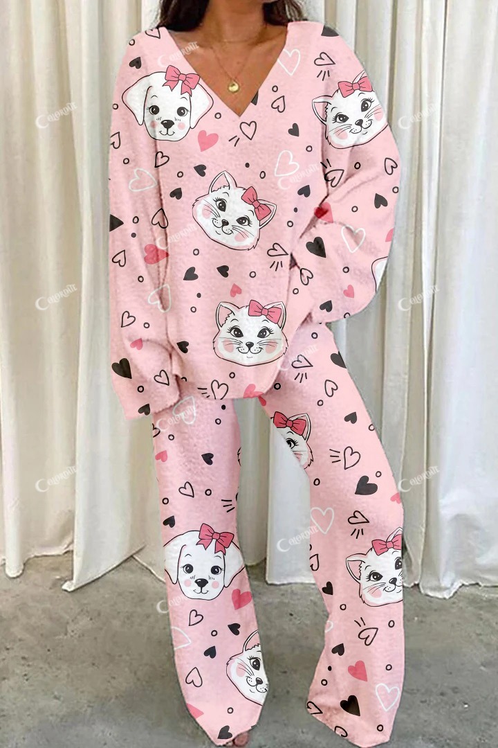 Women's Pink Cartoon Cat Dog Heart Printed Casual Homewear Set