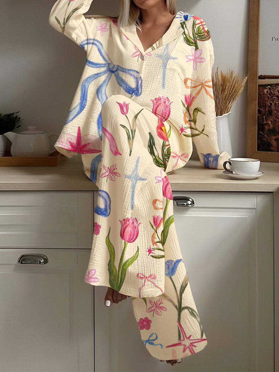 Women's Bow Tulip Flowers Art Pajama Set