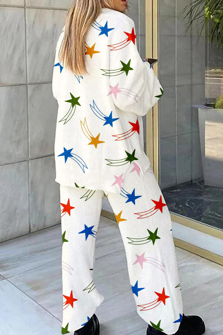 Women's Colorful Colorful Five Pointed Star Print Home V Neck Long Sleeve Suit