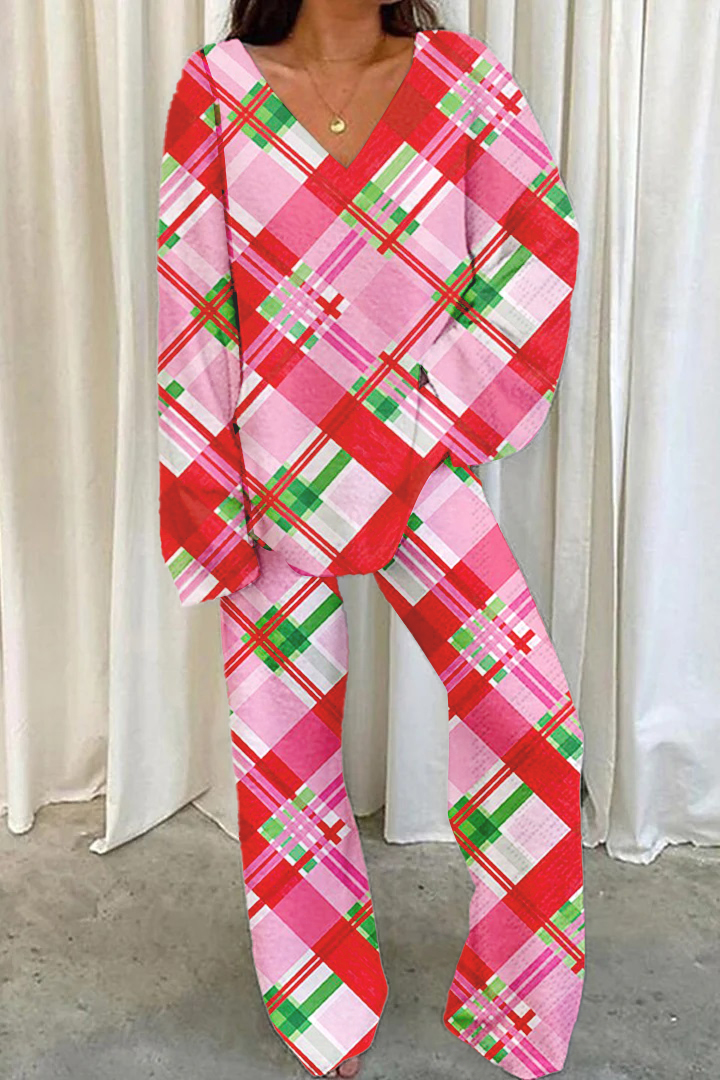 Women's Pink Plaid Print Home V Neck Long Sleeve Suit