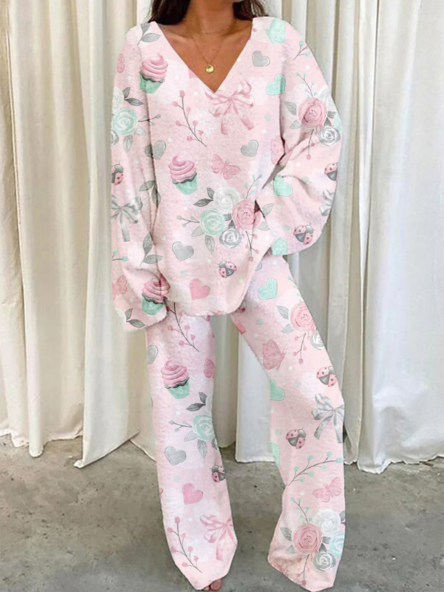 Women's Bow Ice Cream Flower Print Home V Neck Long Sleeve Suit