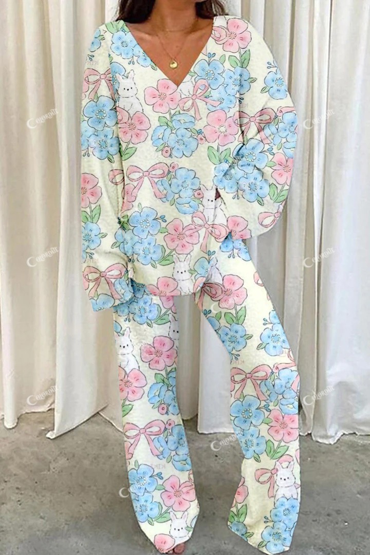 Women's Flower Bow Bunny Printed Casual Homewear Set