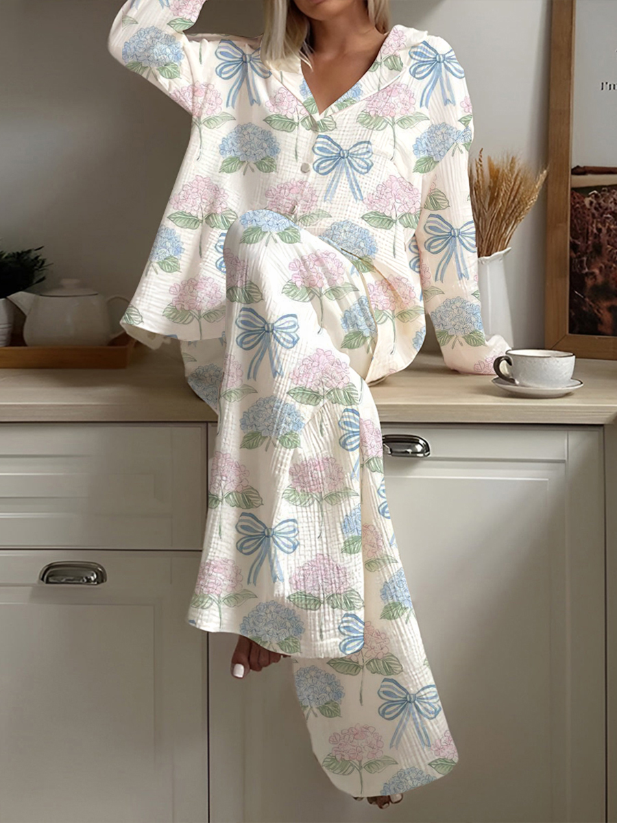 Women's Bow Flower Print Home Long Sleeve Suit