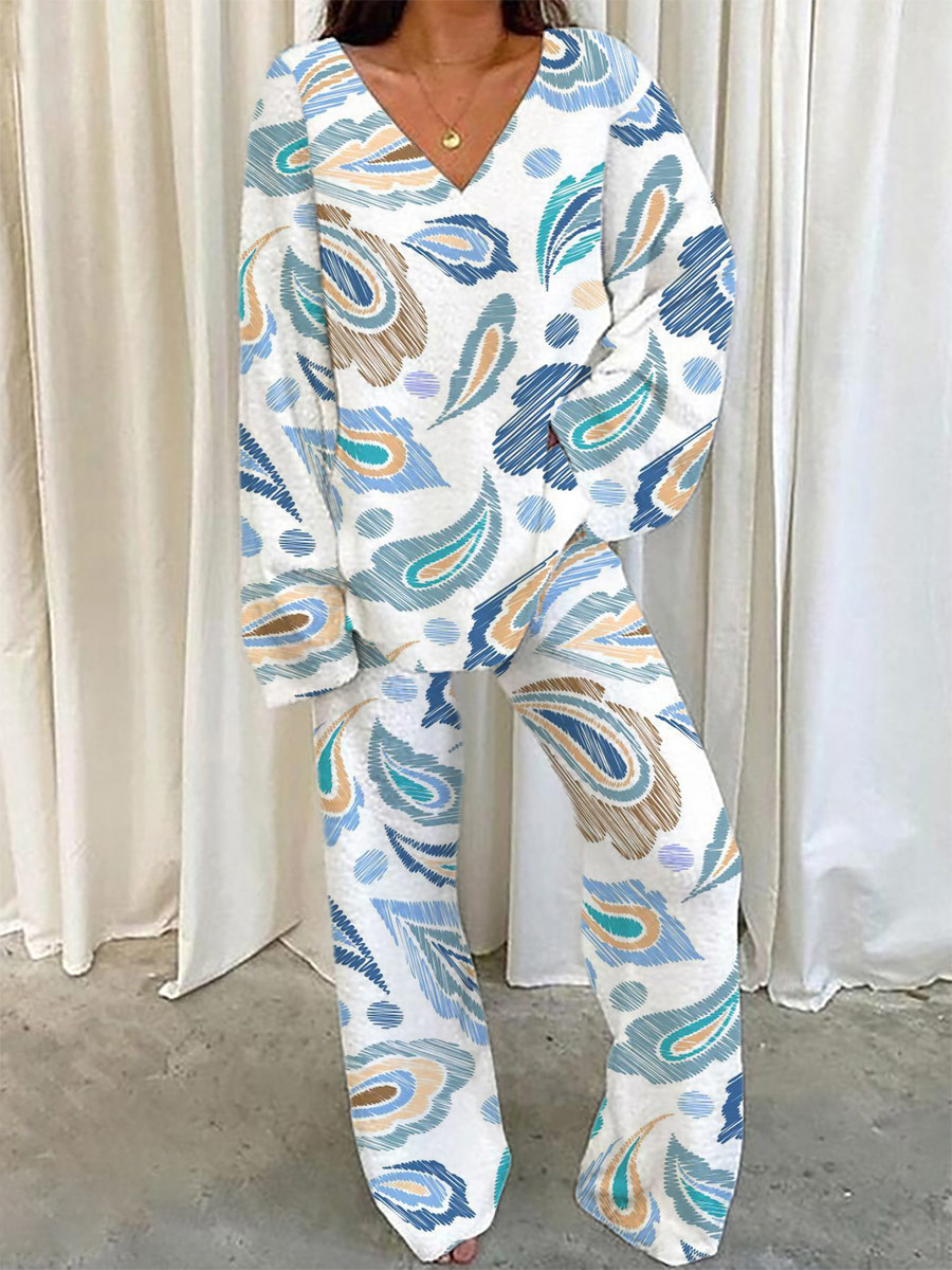 Women's Hand Painted Bohemian Pattern V-Neck Long Sleeve Pants Set