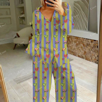 Colordate Women's Valentine's Day Green Grid Love Heart Print Cotton Cardigan Homewear Set