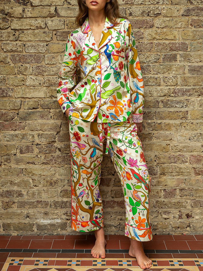 Women's Lapel Flower and Bird Print Long Sleeve Pajama Set