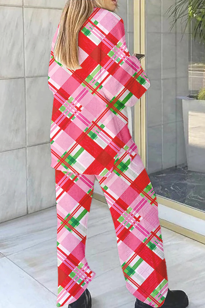Women's Pink Plaid Print Home V Neck Long Sleeve Suit