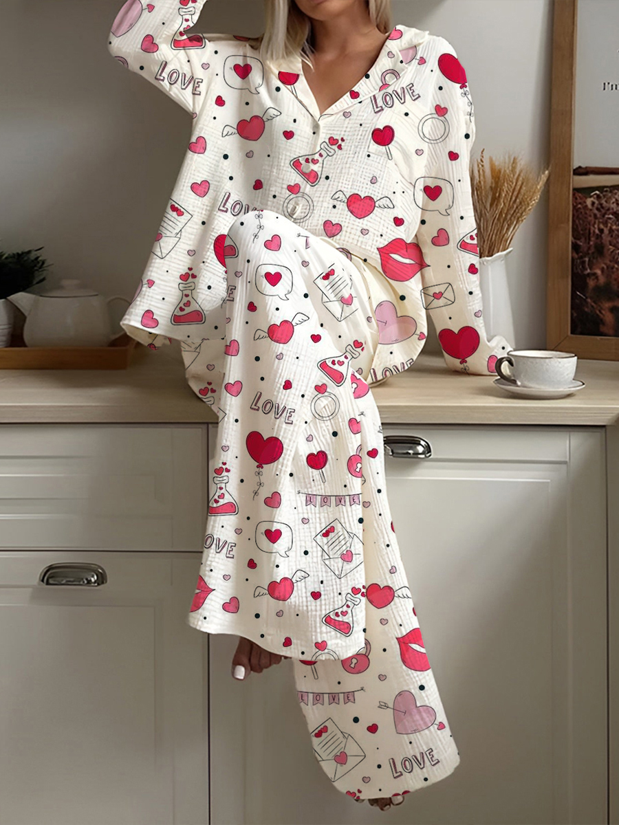 Women's  Valentine's Day Pink Love Lips Printed Casual Homewear Set