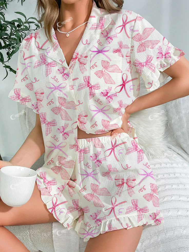 Women's Pink Bow Printed Linen Cotton Short Suit