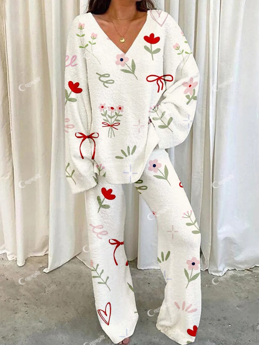 Women's Cartoon Flower Bow Print Home V Neck Long Sleeve Suit