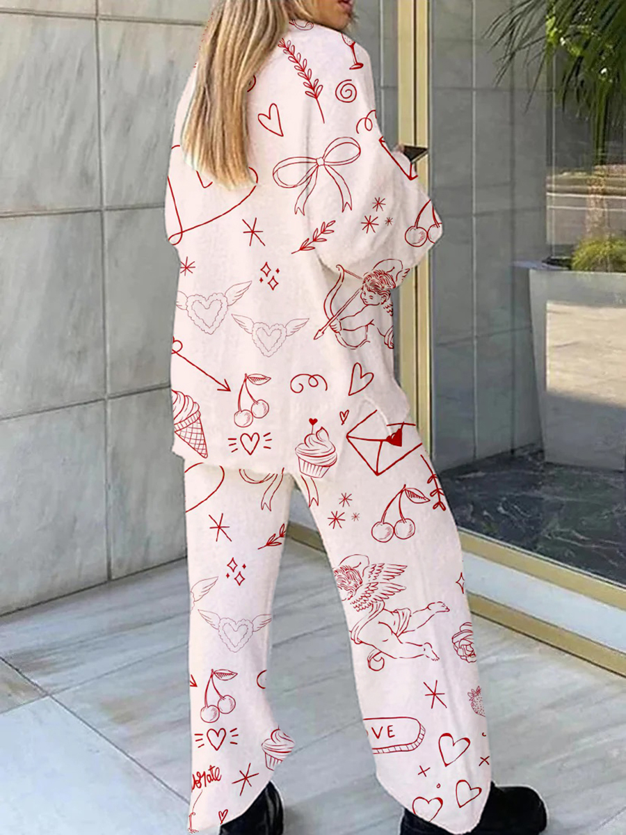 Women's Pink Cartoon Fun Print Home V Neck Long Sleeve Suit