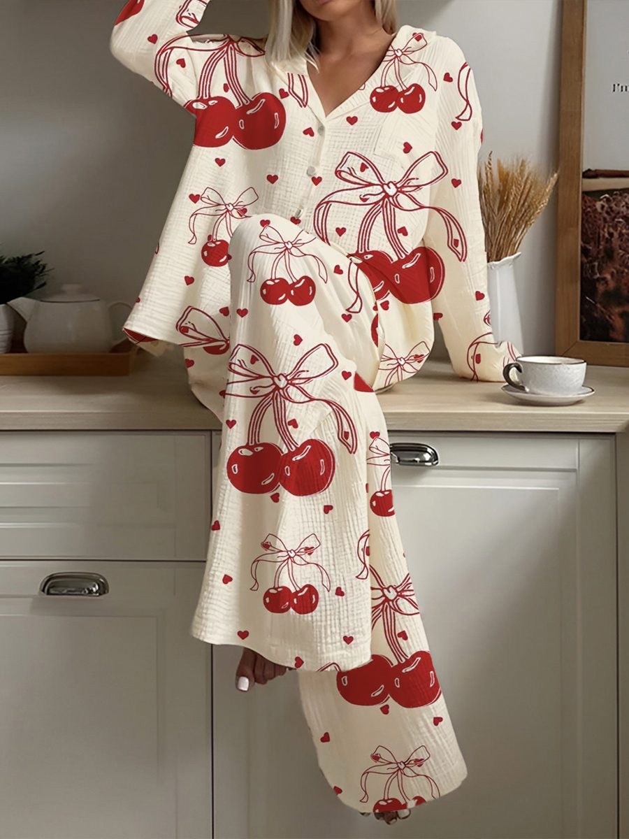 Women's Bow Cherry Heart Printed Casual Homewear Set