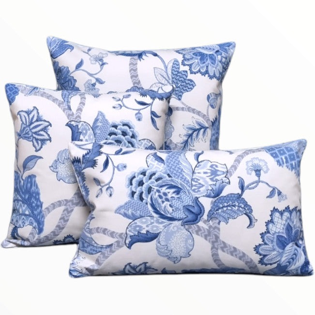 Crisp White and Blue Floral Hamptons Style Indoor Cushion