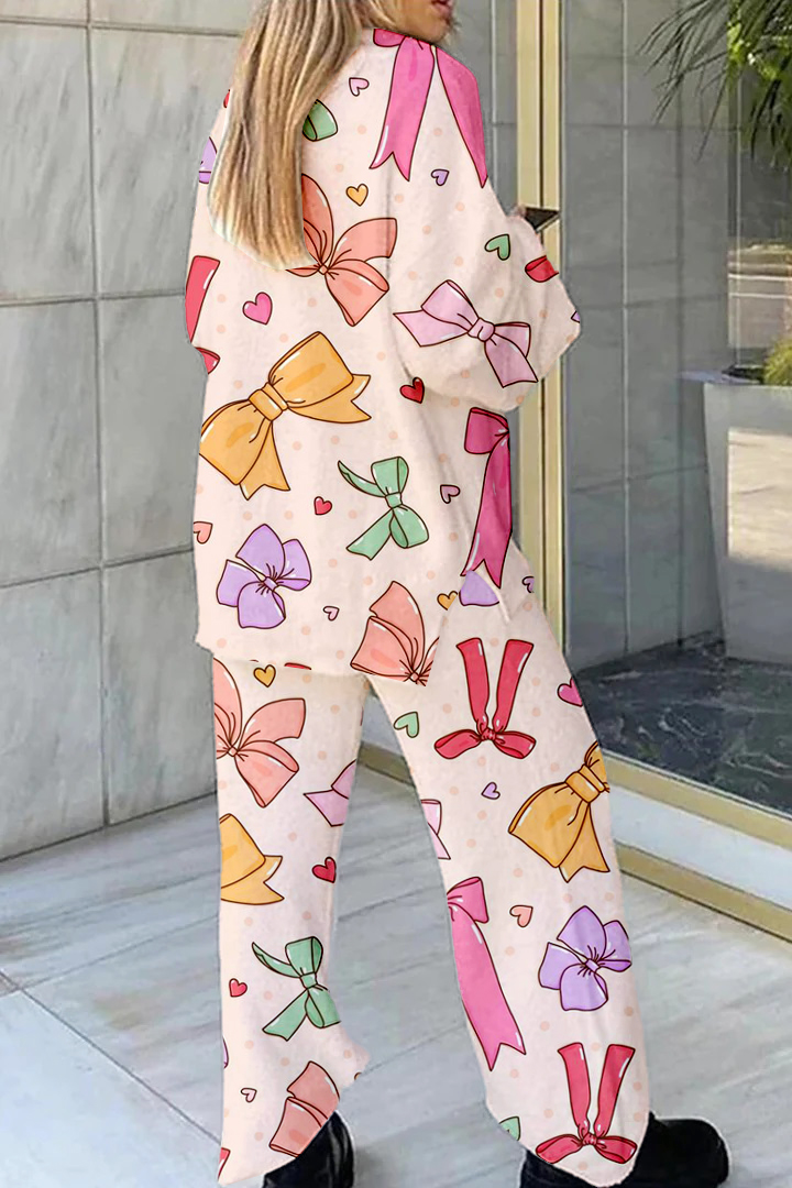 Women's Colorful Bow Heart Polka Dot Printed Casual Homewear Set