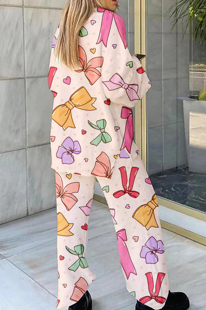 Women's Colorful Bow Heart Polka Dot Printed Casual Homewear Set