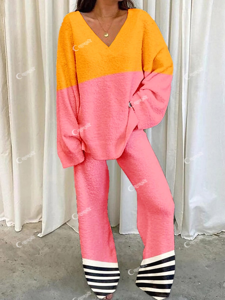 Women's Colorblock Stripe Print Home V Neck Long Sleeve Suit