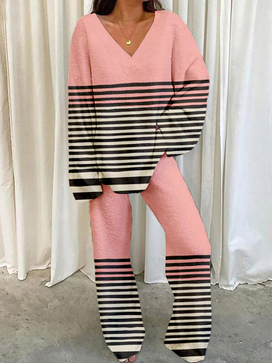 Women's Colorblock Stripe Print Home V Neck Long Sleeve Suit