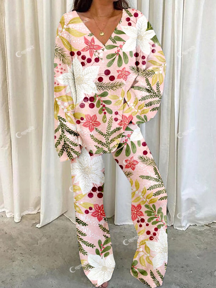 Women's Pink Flower Print Home V Neck Long Sleeve Suit