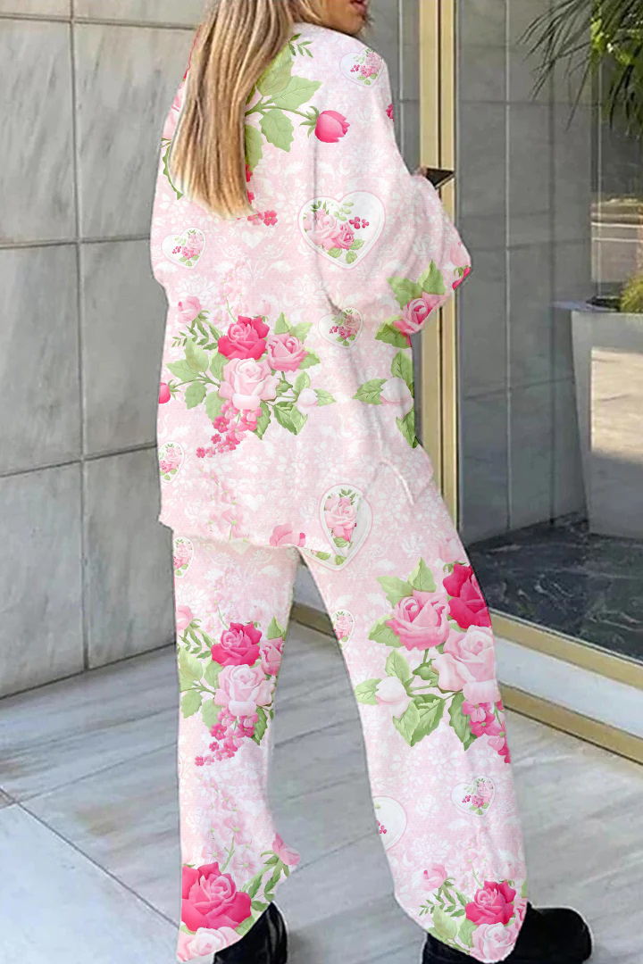 Women's Pink Floral Heart Printed Casual Homewear Set
