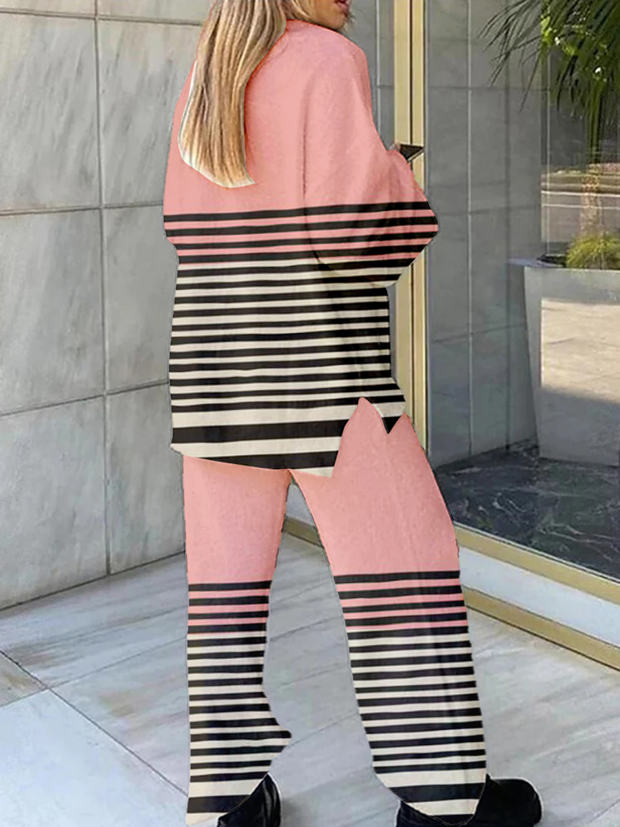 Women's Colorblock Stripe Print Home V Neck Long Sleeve Suit