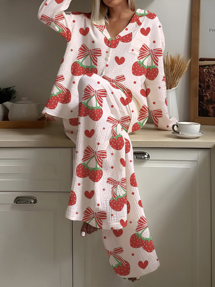 Women's Strawberry Bow Love Printed Casual Homewear Set