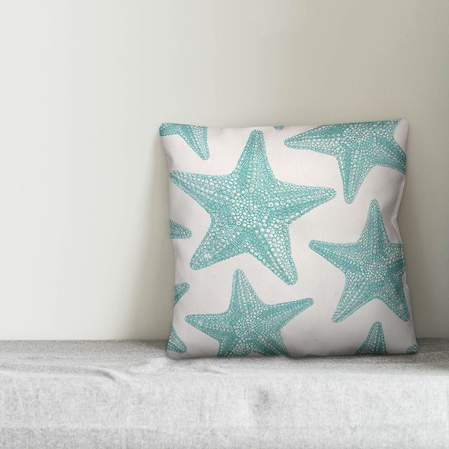 Teal Starfish Outdoor Throw Pillow