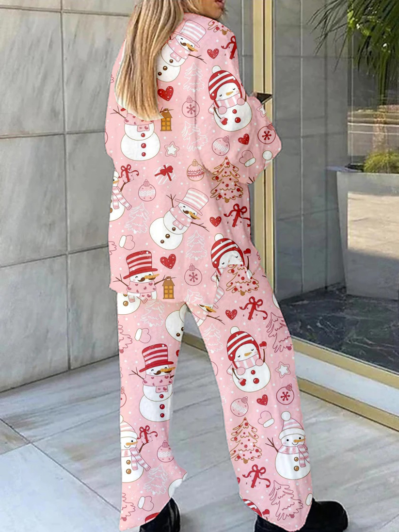 Women's Pink Christmas Snowman Print Home V Neck Long Sleeve Suit