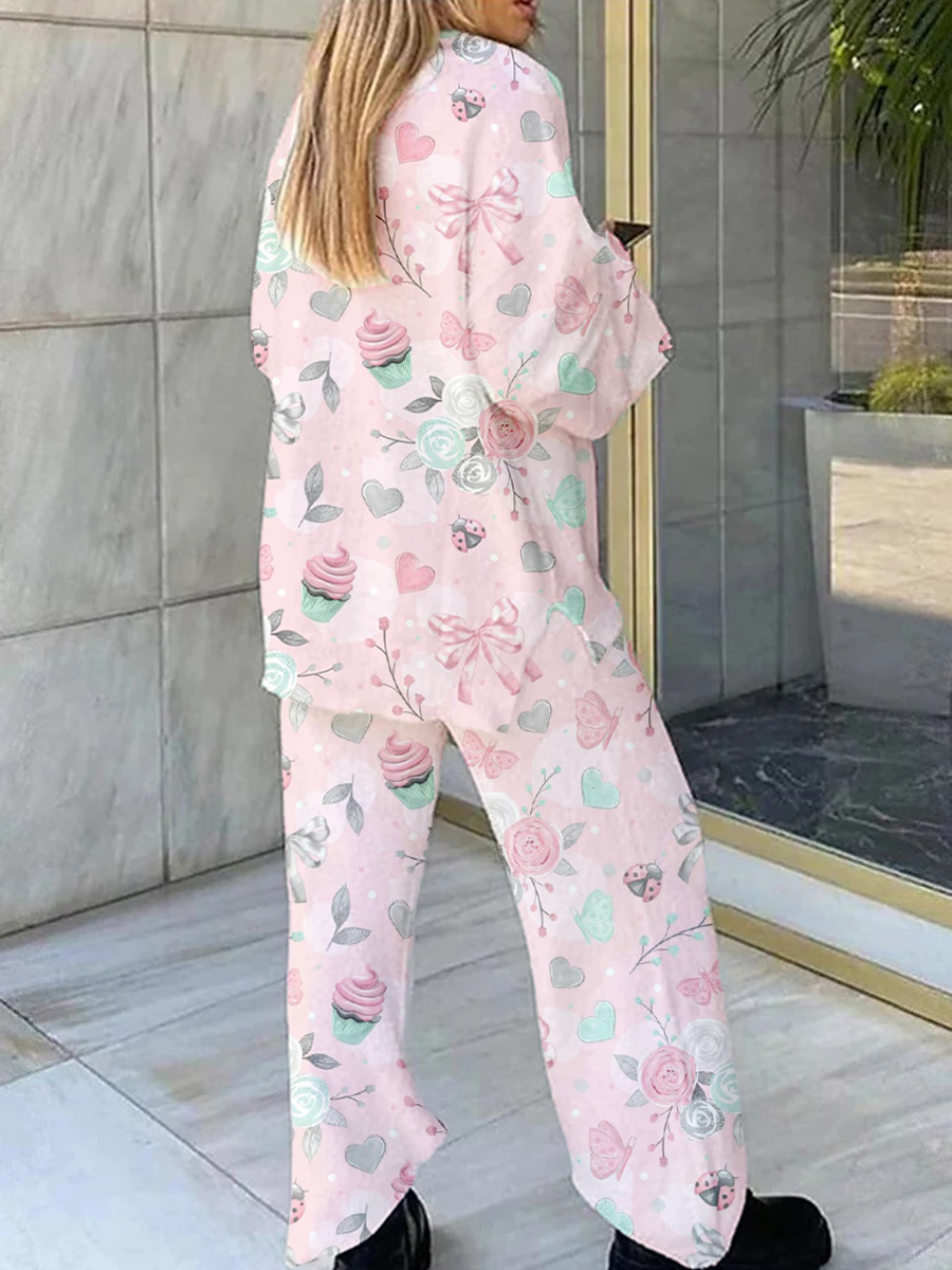 Women's Bow Ice Cream Flower Print Home V Neck Long Sleeve Suit