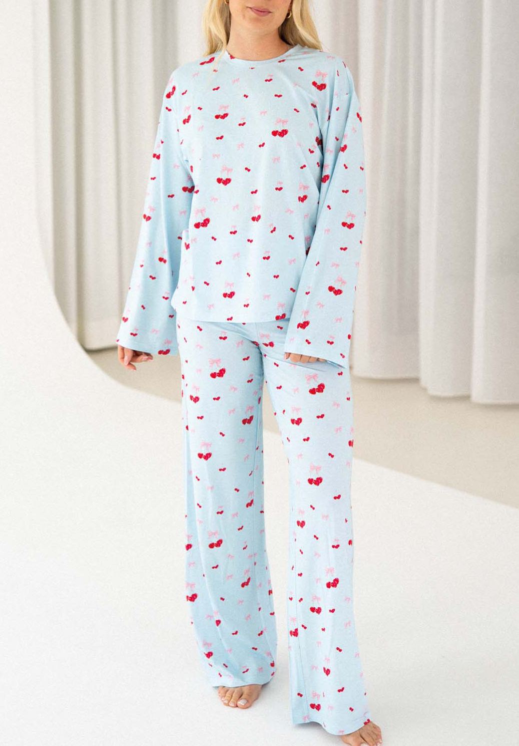 Sleep Set Sweet Cherries Print Light Blue Loungewear 