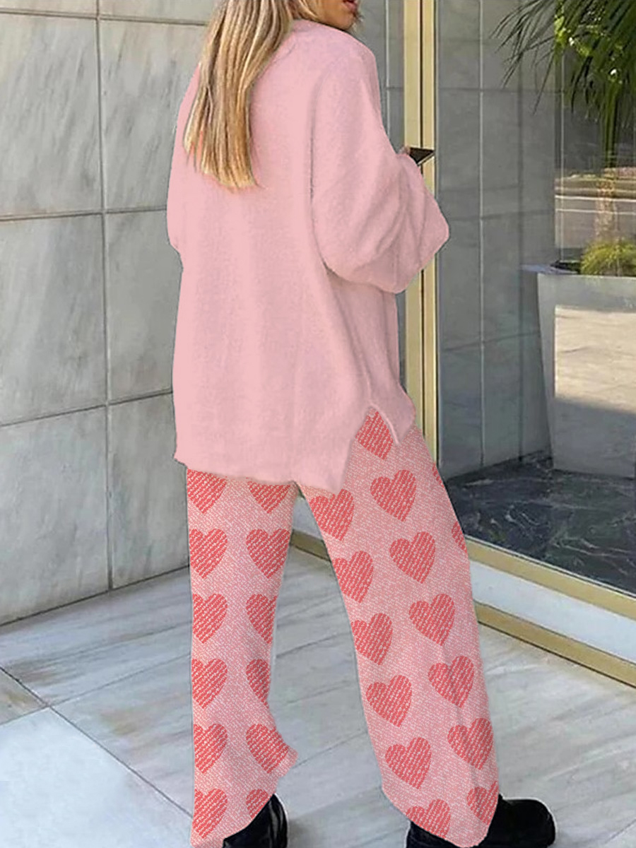 Women's Valentine's Day Love Ribbon Printed V-Neck Pajama Set